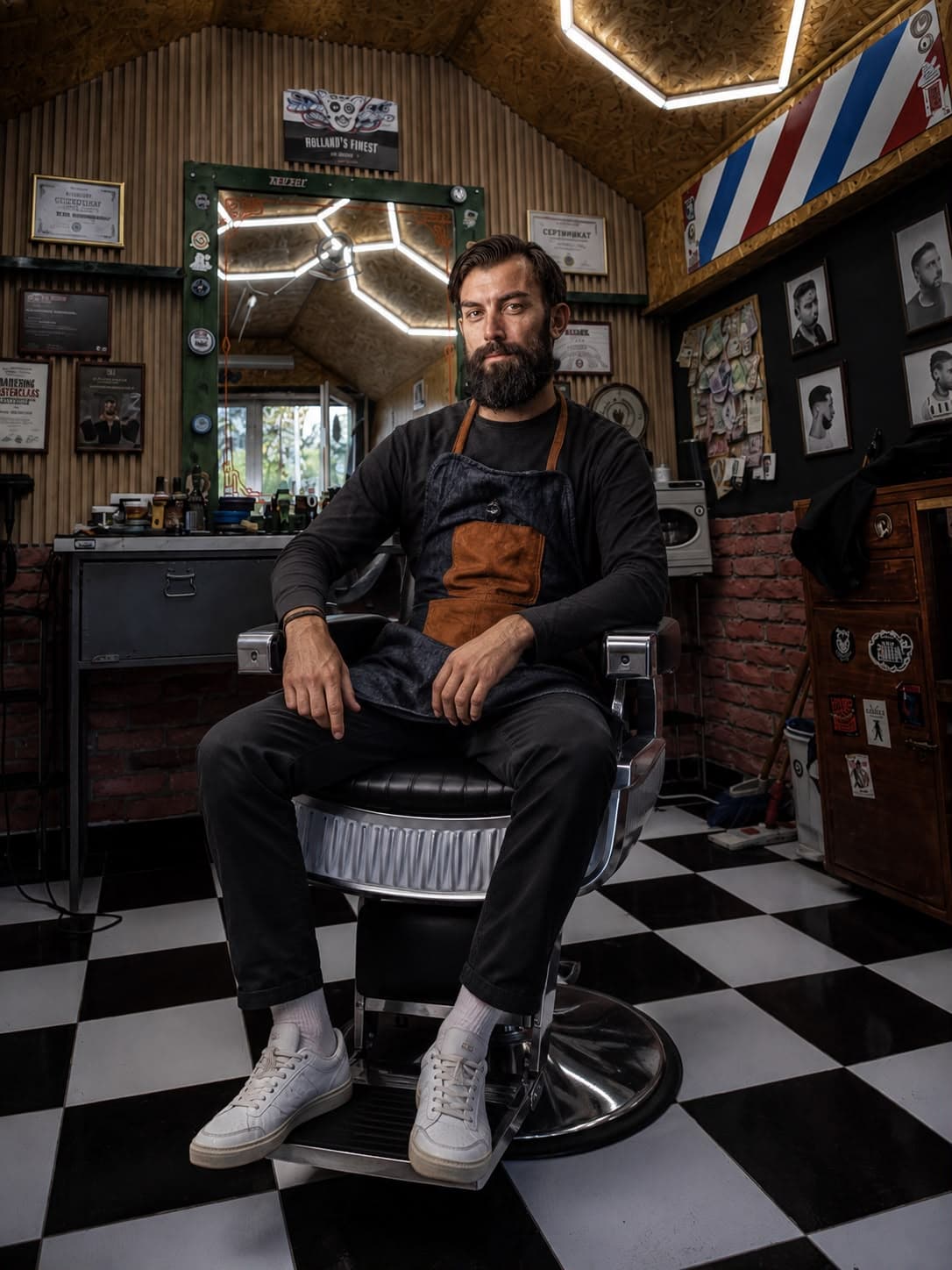 Берберот седи на берберски стол во D30 The Barber